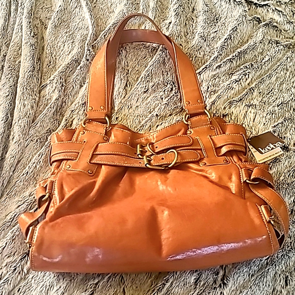 👜NWT KOOBA LENA Large Leather Cognac Buckle Bag with microsuede interior- MINT! - Picture 7 of 7